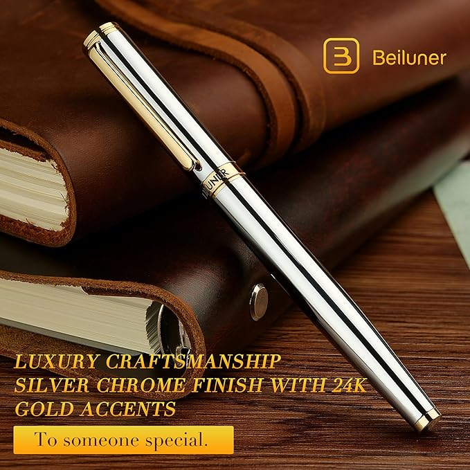BEILUNER Luxury Rollerball Pen, Stunning Silver Chrome with 24K Gold Finish,Noble and Elegant Designs,Schneider Ink Refill, Best Gift Pen for Men & Women, Professional, Executive Office, Fancy Pens