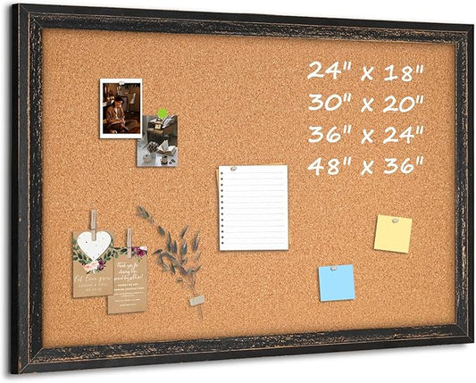 Cork Board Bulletin Board, 30" x 20" Corkboard for Wall, Rustic Black Wooden Frame, Decorative Hanging Pin Board for Home Office Room Decor, 10 Push Pins