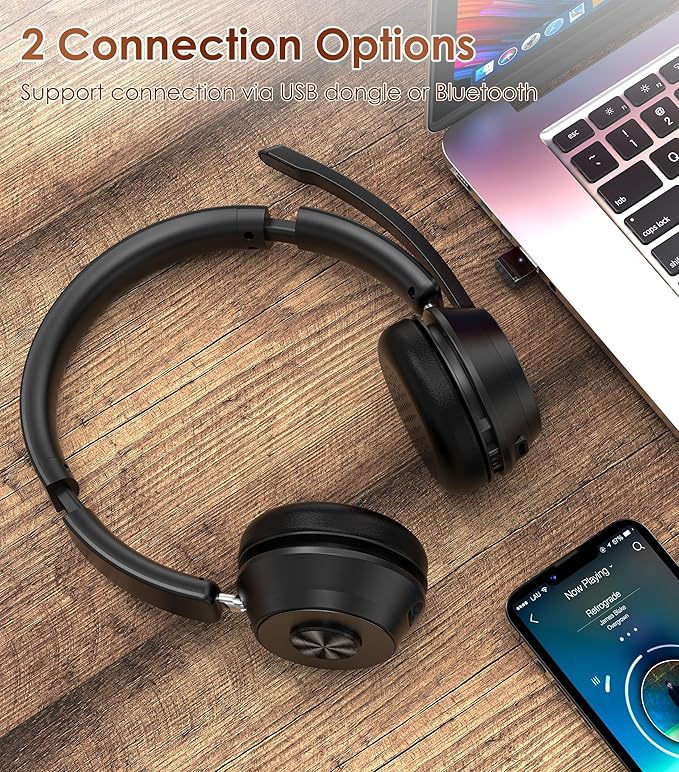 (Upgraded Version) Wireless Headset, Bluetooth Headset with Noise Cancelling Microphone, Best Headphones with Mic Mute & USB Dongle for PC/Computer/Laptop/Cell Phones/Remote Work/Call Center