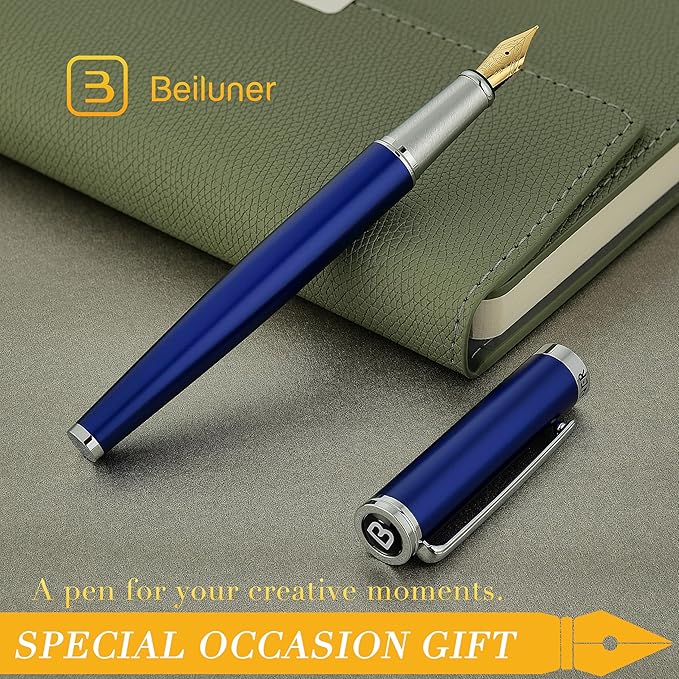 BEILUNER Luxury Fountain Pen Set,Solid 24K Gilded Medium Nib, Modern Classic Limited Edition -Includes 6 Ink Cartridges&Ink Refill Converter with Gift Case-Perfect for Men and Women（Charming blue）
