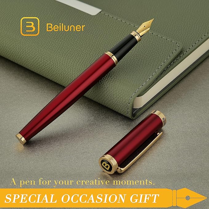 BEILUNER Red Fountain Pen,Stunning Luxury Lacquer,24K Gilded Nib(Fine),Gorgeous 24K Gold Finish,Ink Converter, Fancy Gift for Men&Women-Elegant, Executive,Office, Elegant, Nice Pens for Writing