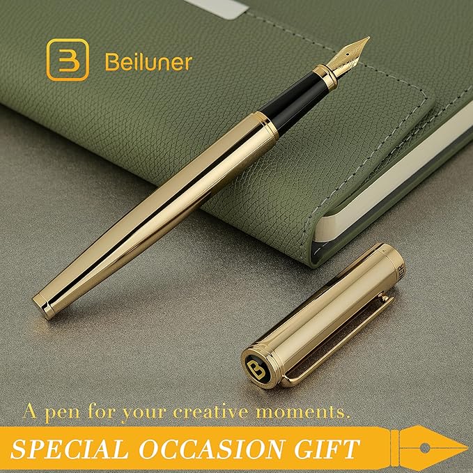 BEILUNER Gold Fountain Pen,Stunning Luxury Pens with 24K Gold Finish, Gorgeous 24K Gilded Nib(Medium), Ink Converter,Fancy Pen Gift for Men&Women-Elegant, Office, Professional, Reliable, Nice Design