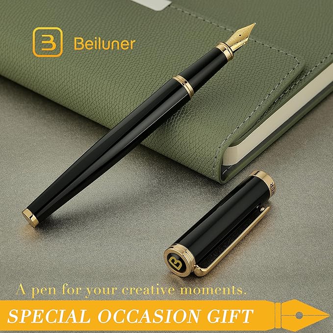 BEILUNER Black Fountain Pen,Stunning Luxury Piano Lacquer,24K Gilded Nib(Medium),Gorgeous 24K Gold Finish,Ink Converter, Gift for Men&Women-Elegant, Reliable, Office, Professional Pens for Writing