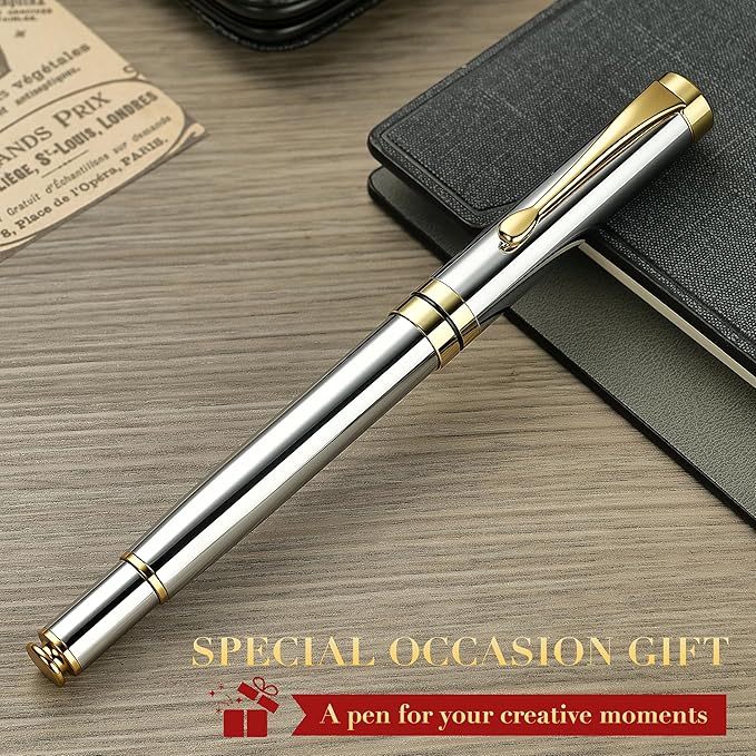 BEILUNER Ballpoint Pens, Stunning Bright Silver Chrome Metal Pen with Golden Trim, Fancy Ball Pen Gift Set for Men & Women, Graduation, Executive, Office, Nice Gift Box with 0.5mm Black Spare Refill